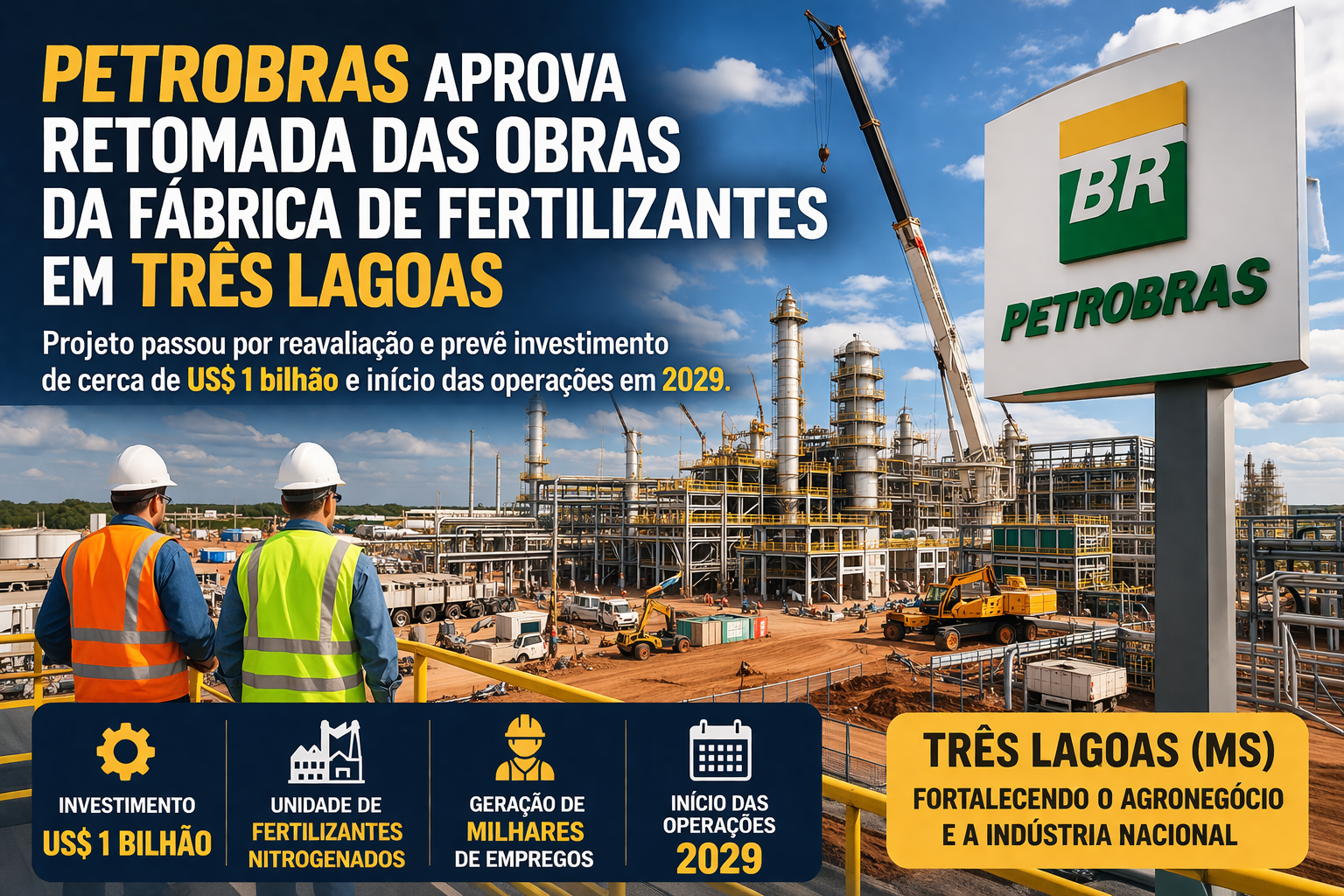 Petrobras aprova retomada das obras da fábrica de fertilizantes em Três Lagoas